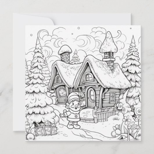 Kleurkaart Kerstkaart Kinderen Elf Dorp Sneeuw (Voorkant)
