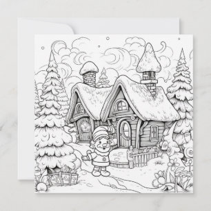 Kleurkaart Kerstkaart Kinderen Elf Dorp Sneeuw