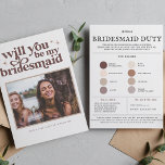 Kleurpalet Wordt mijn voorstel in de vorm van een  Aankondiging<br><div class="desc">Bent u mijn bruidsmeisje, een eersterangsmeisje, een matroos van eer of een bruidsmeisje bruidingskaartje dat je meisjes zal laten glimlachen en hen een groot plezier zal doen voor de komende jaren? Volledig aanpasbare tekst, kleuren en achtergronden. Met je eigen foto aan de voorkant, met extra informatie, waaronder je trouwkleurenpalet en...</div>