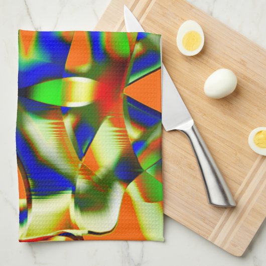 Kleurpatches op gebogen beige stroken theedoek (Quarter Fold)