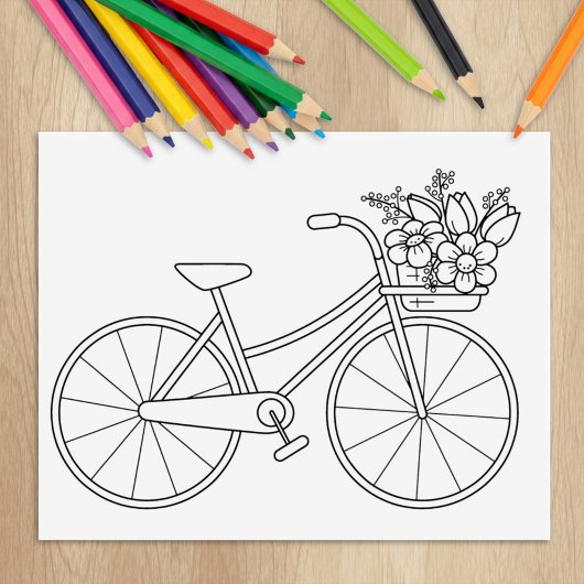 Kleurplaat Fiets met Bloemenmand Rubberstempel