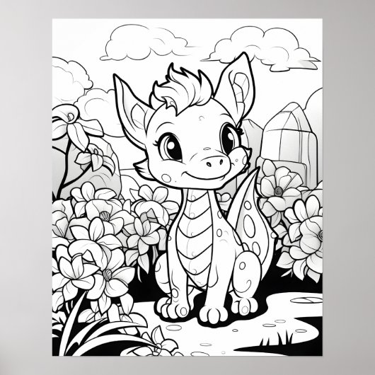 Kleurplaat - Leuke draak, kleur je eigen Poster (Voorkant)