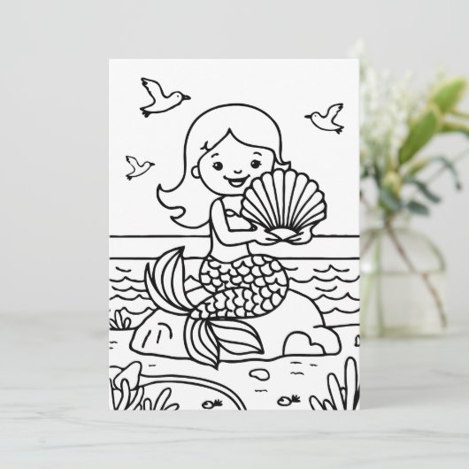 Kleurplaat Mermaid Kind Activiteit Bedankkaart (Staand voorkant)