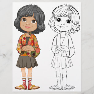 Kleurplaat met een schattig cartoonmeisje flyer