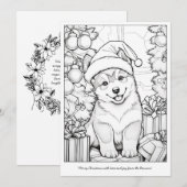 Kleurplaat met een schattige hond en een kerstboom feestdagenkaart (Voorkant / Achterkant)