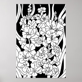 Kleurplaat Mooie Bloemen op Zwart Poster