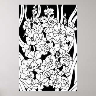 Kleurplaat Mooie Bloemen op Zwart Poster