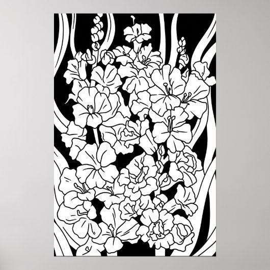 Kleurplaat Mooie Bloemen op Zwart Poster (Voorkant)