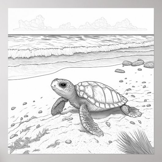 Kleurplaat - Schildpad op het strand, kleur je eig Poster (Voorkant)