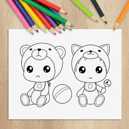 Kleurplaat Tweeling Kat Beer Baby Overall Rubberstempel