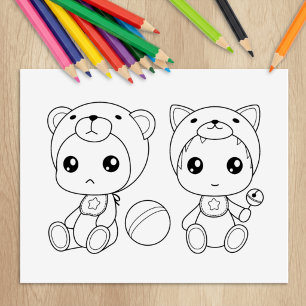 Kleurplaat Tweeling Kat Beer Baby Overall Rubberstempel