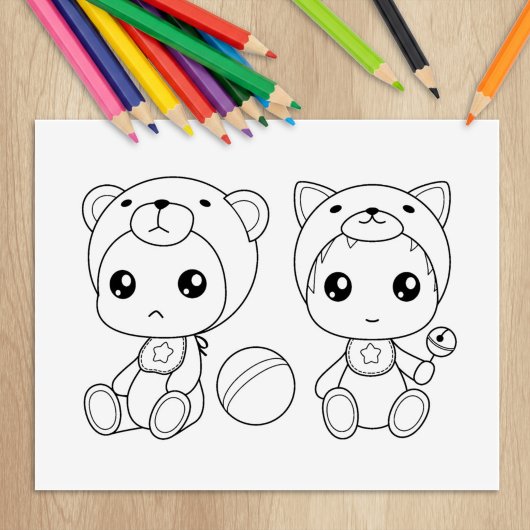 Kleurplaat Tweeling Kat Beer Baby Overall Rubberstempel