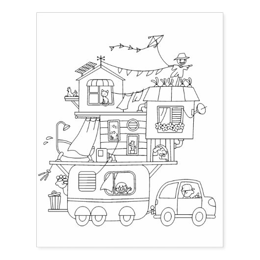 Kleurplaat van een gezinscampingwagen rubberstempel (Afrduk)