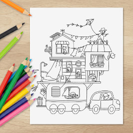 Kleurplaat van een gezinscampingwagen rubberstempel