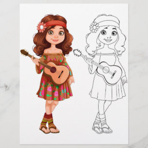 Kleurplaat van een schattig cartoonmuziekmeisje flyer