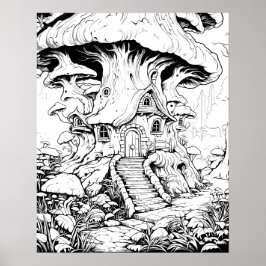Kleurposter met Paddenstoelenfeeënhuis Fantasie Poster