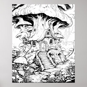 Kleurposter met Paddenstoelenfeeënhuis Fantasie Poster