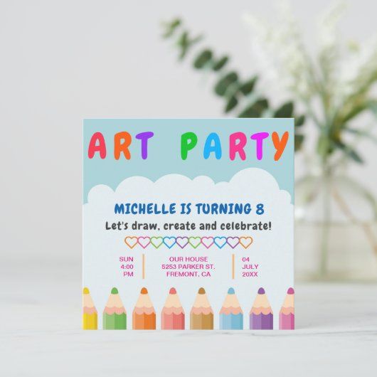 Kleurpotloden Kinder kunstfeestje Verjaardagsuitno Kaart (Staand voorkant)