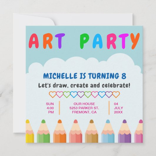 Kleurpotloden Kinder kunstfeestje Verjaardagsuitno Kaart (Voorkant)
