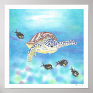 Kleurpotlood tekening kunstprint van zeeschildpad  poster