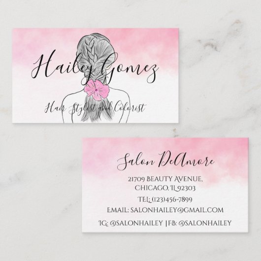 Kleurpotloodmeisje met braïde roze Waterverf Visitekaartje (Voorkant / Achterkant)