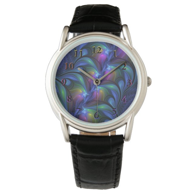 Kleurrijk Abstract blauw roze groen fractal Horloge (Voorkant)
