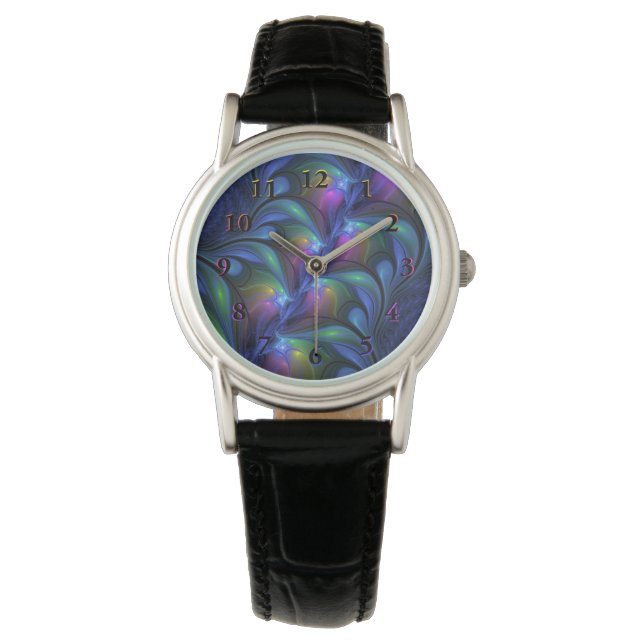 Kleurrijk Abstract blauw roze groen fractal Horloge (Voorkant)