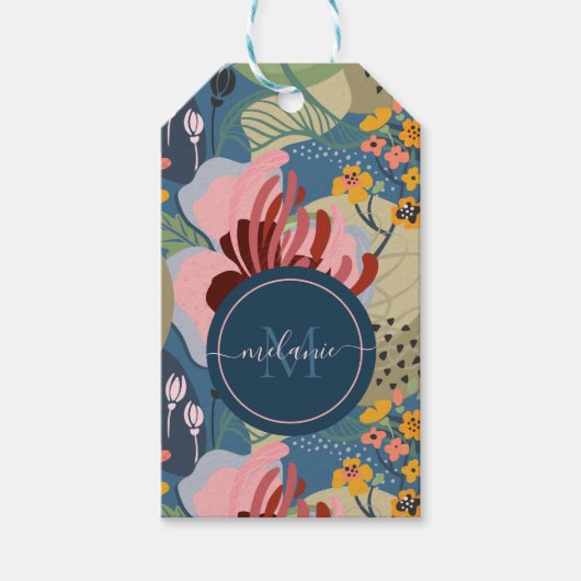 Kleurrijk abstract bloemenpatroon, monogram cadeaulabel (Voorkant)