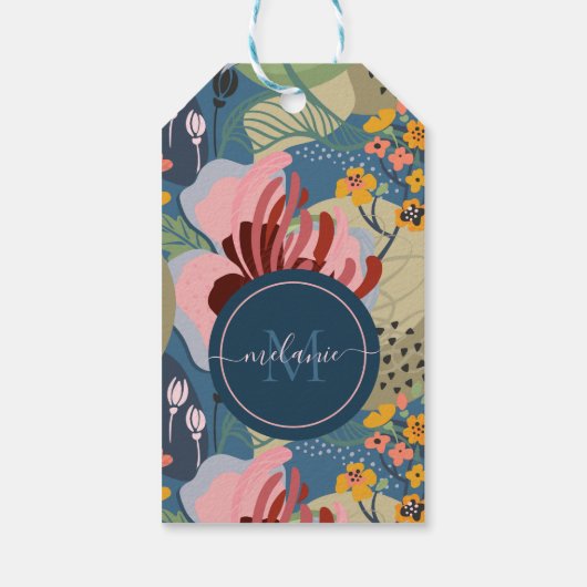 Kleurrijk abstract bloemenpatroon, monogram cadeaulabel (Achterkant)