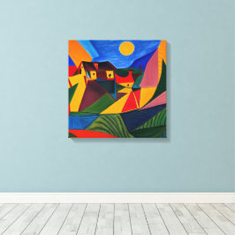 Kleurrijk abstract dorpslandschap canvas afdruk