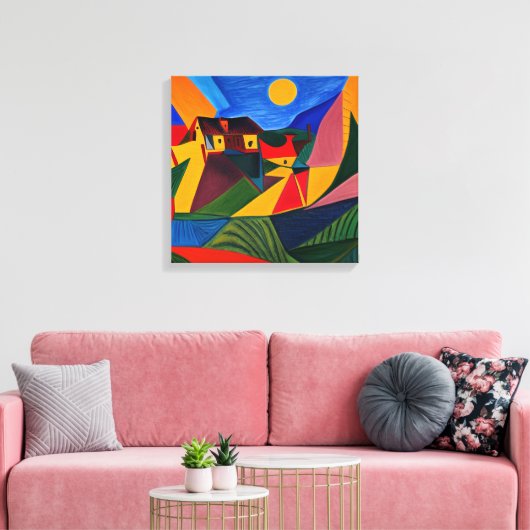 Kleurrijk abstract dorpslandschap canvas afdruk (Insitu (Woonkamer))