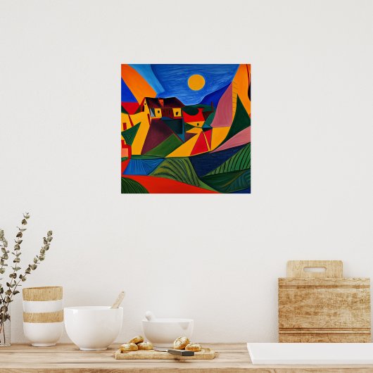 Kleurrijk abstract dorpslandschap poster (Keuken)