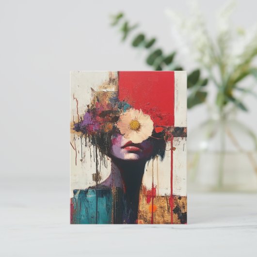 Kleurrijk Abstract gezicht en bloemen Briefkaart (Staand voorkant)