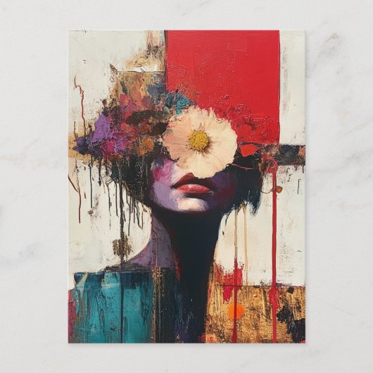 Kleurrijk Abstract gezicht en bloemen Briefkaart (Voorkant)