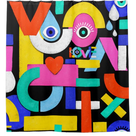 Kleurrijk abstract patroon met woordliefde binneni douchegordijn (Voorkant)