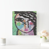 Kleurrijk Abstract Portret van een Vrouw Vierkante Vierkante Klok (Huis)