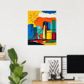 Kleurrijk Abstract stadsbeeld met zon en brug Poster (Thuiskantoor)