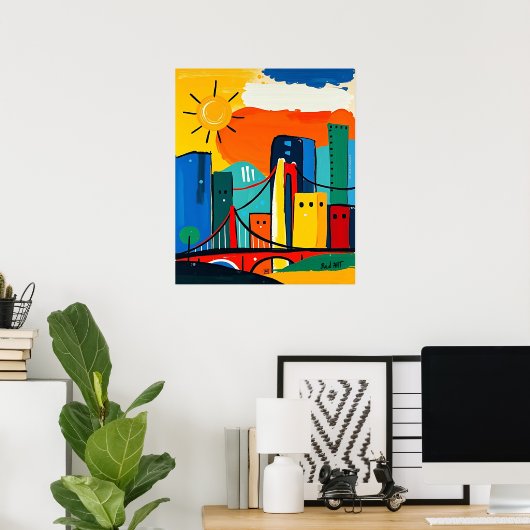 Kleurrijk Abstract stadsbeeld met zon en brug Poster (Thuiskantoor)