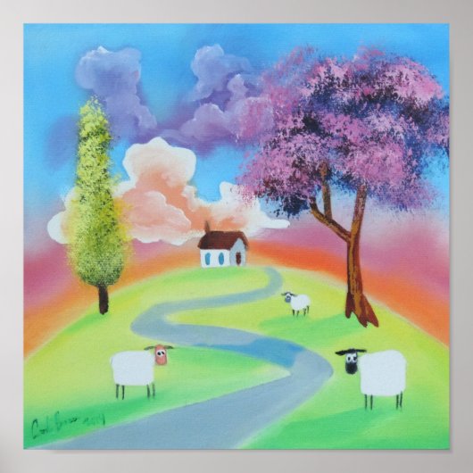 Kleurrijk afbeelding van het schapenlandschap poster (Voorkant)