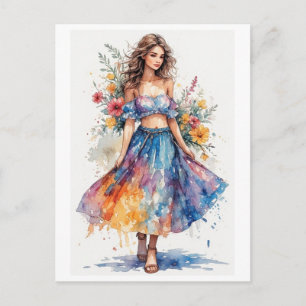 Kleurrijk aquarel jongedame ontwerp op een feestdagenkaart