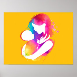 Kleurrijk Aquarel Moeder en Baby Gele Achtergrond Poster