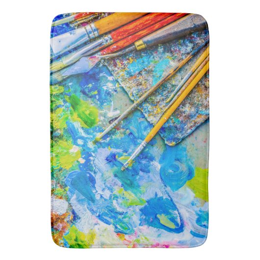 Kleurrijk artistiek palet en penselen, uniek grapp badmat (Voorkant Verticaal)