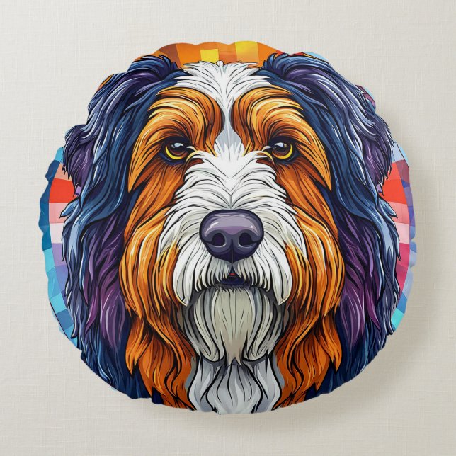 Kleurrijk artistiek portret van een hond rond kussen (Voorkant)