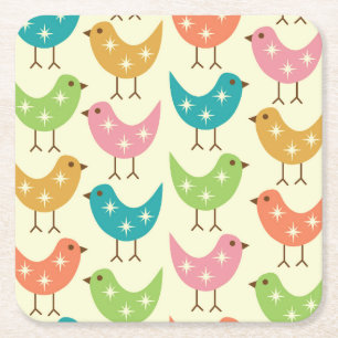 Kleurrijk atomaire vogels patroon in mid-century m kartonnen onderzetters