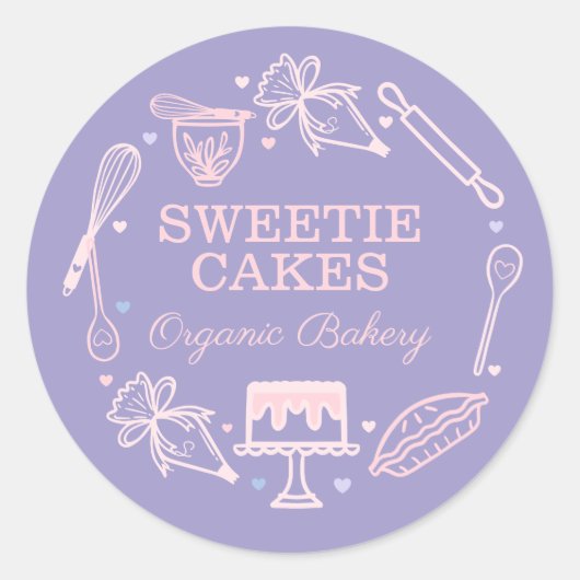 Kleurrijk baken & koken, gereedschap Paars en roze Ronde Sticker (Voorkant)
