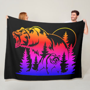 Kleurrijk Beren silhouet met bos en zonsondergang Fleece Deken
