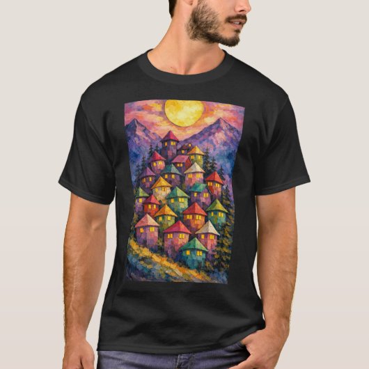 Kleurrijk Bergdorp – Levendig Abstract Landschap T-shirt (Voorkant)