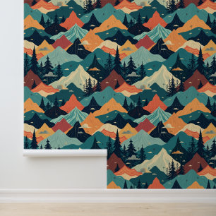 Kleurrijk berglandschap met pijnbomen behang