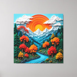 Kleurrijk berglandschap met rivier, bomen canvas afdruk