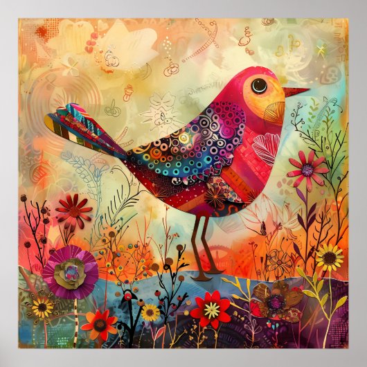 KLEURRIJK BIRD MIXED MEDIA POSTER (Voorkant)